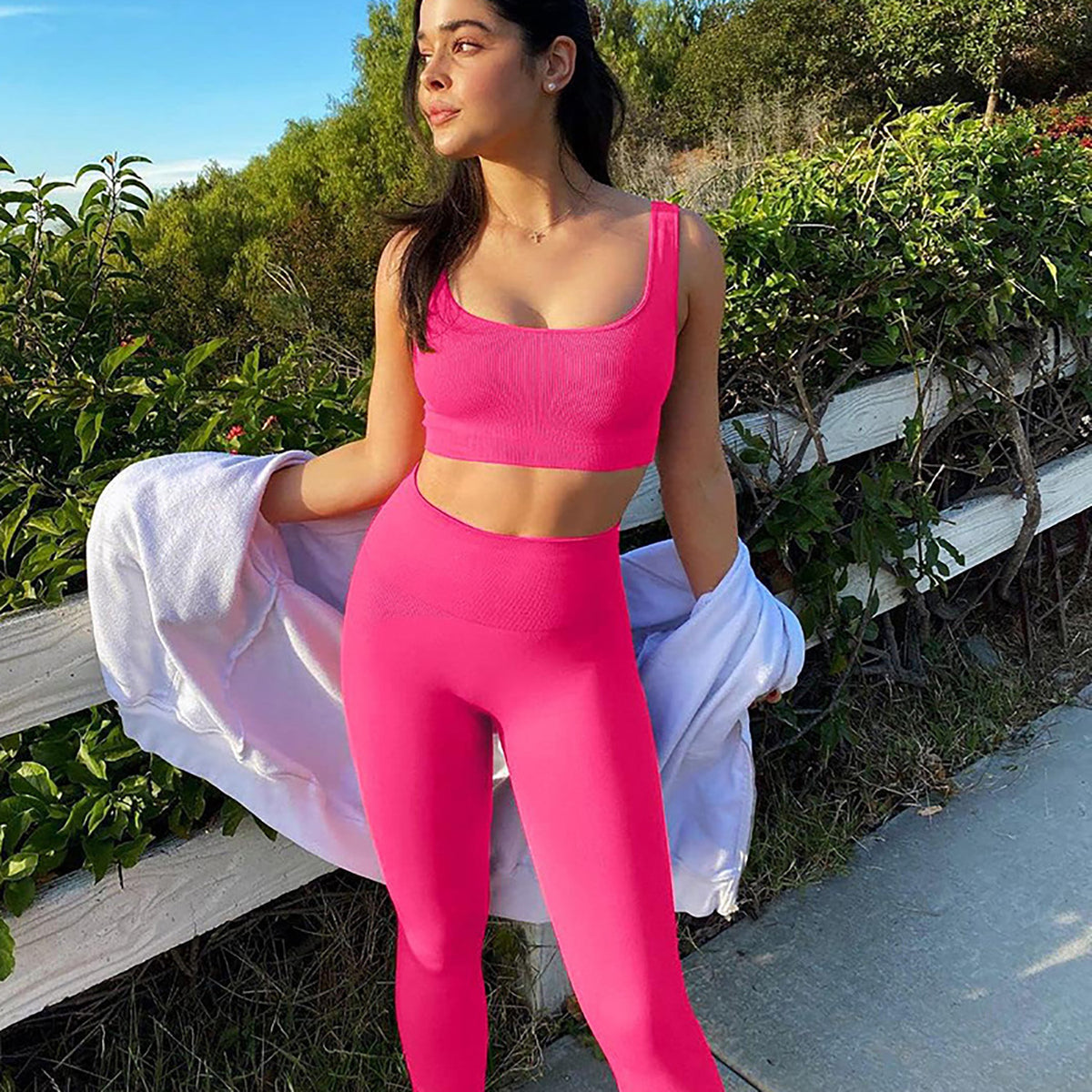 Leggings de canalé rosa sin costuras, cintura alta