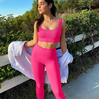 Leggings de canalé rosa sin costuras, cintura alta